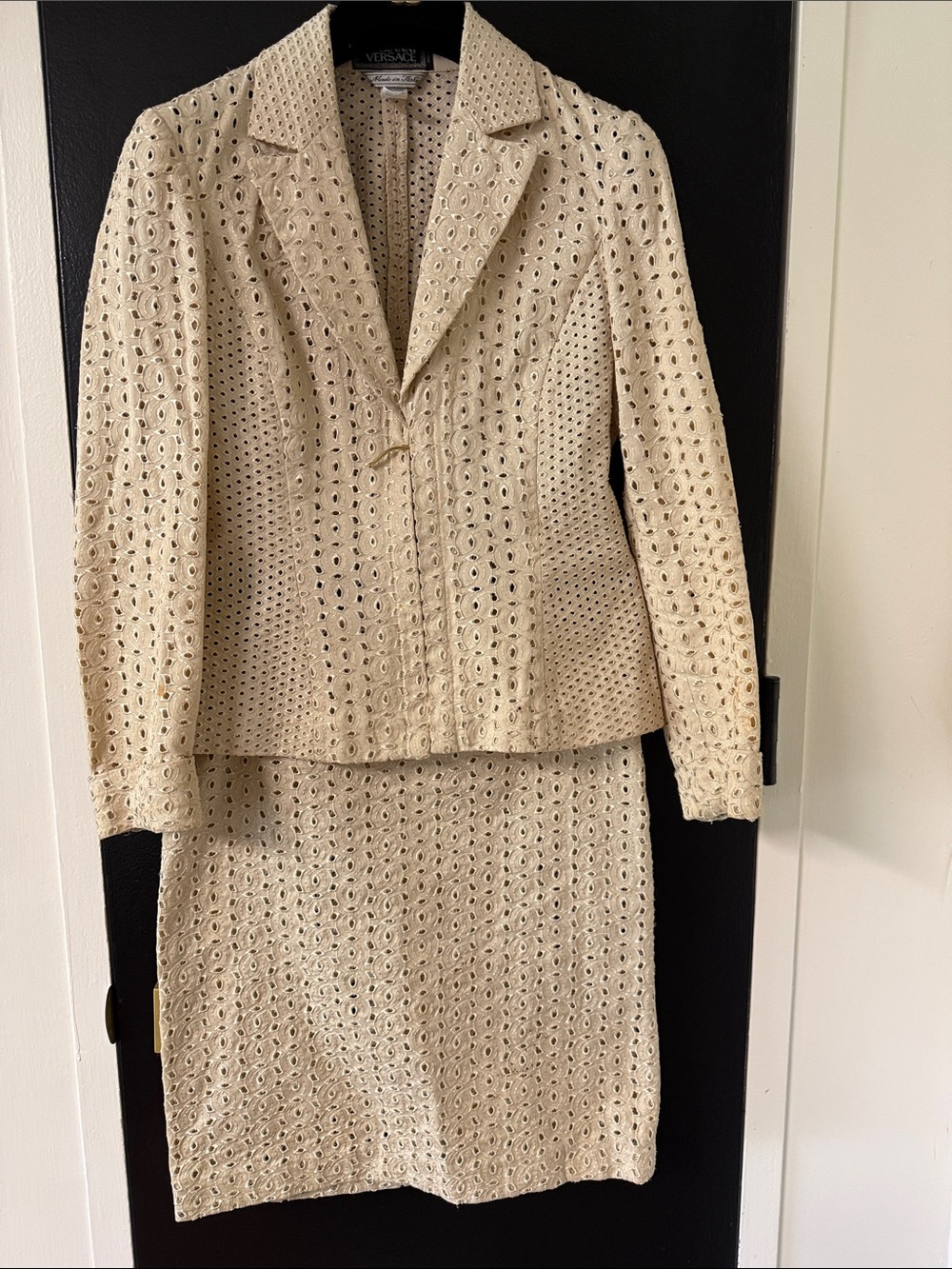 1980s Gianni Versace Couture cream color Eyelet Blazer & Skirt Suit Set